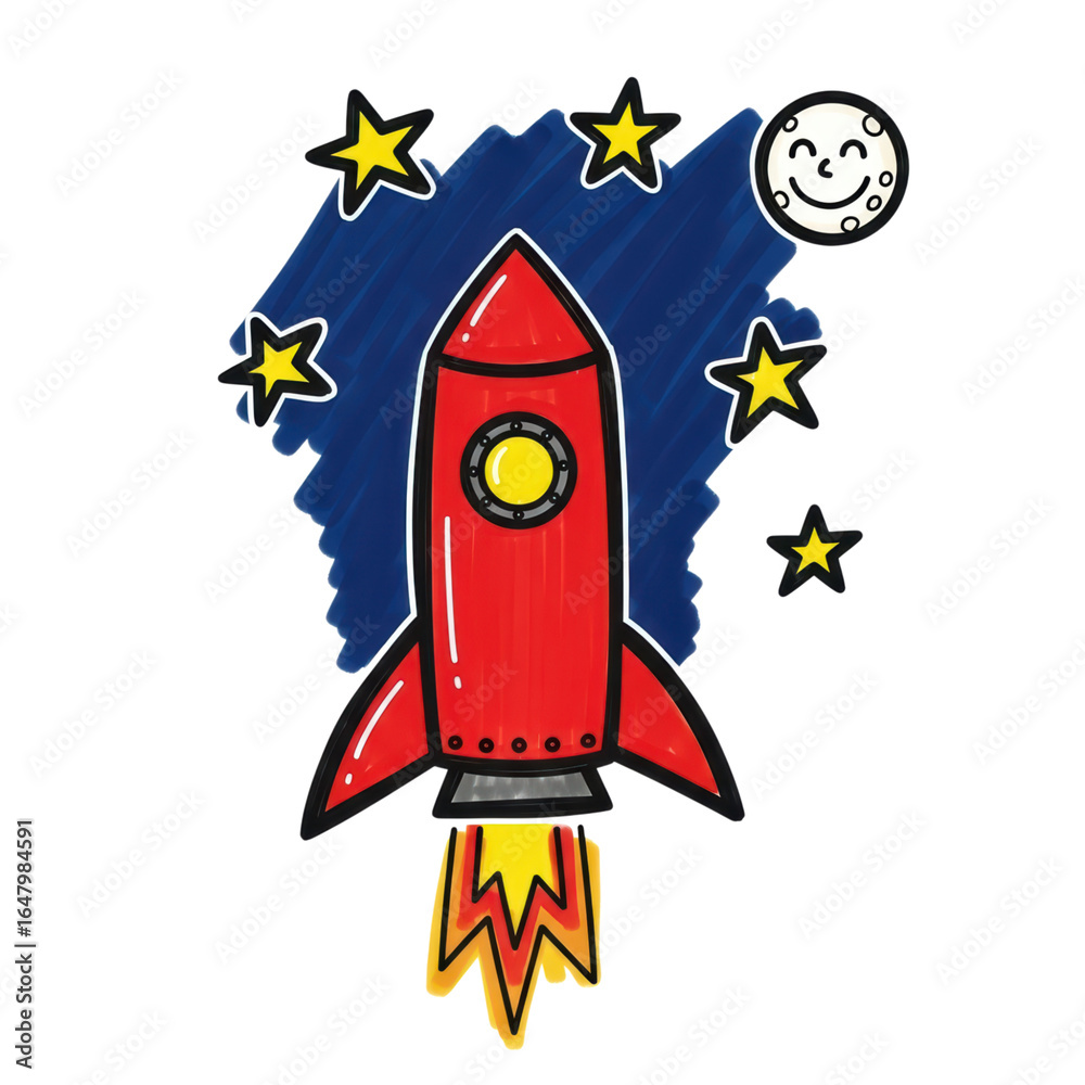 Fototapeta premium Colorful rocket launching with stars and moon in night sky