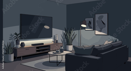 Cozy and serene modern living room interior design at dusk illustration