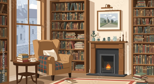 Inviting interior showcasing a cozy room with bookshelves and warm fireplace ambiance