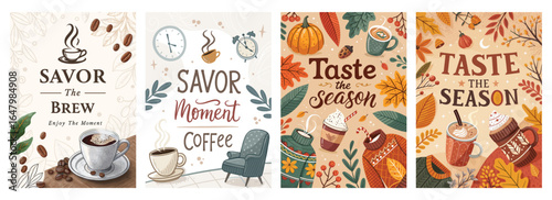 A vibrant collection of cozy autumn-themed coffee illustrations, featuring warm colors and inviting designs.