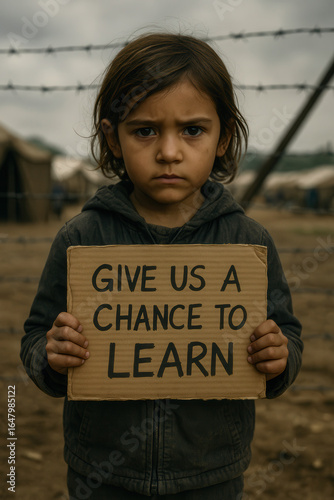 Child protesting for education rights refugee camp emotional portrait harsh environment close-up social issues awareness