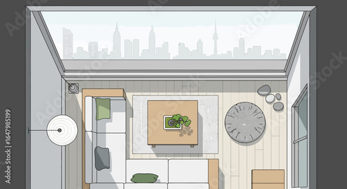 Modern living room interior design with cityscape view illustration
