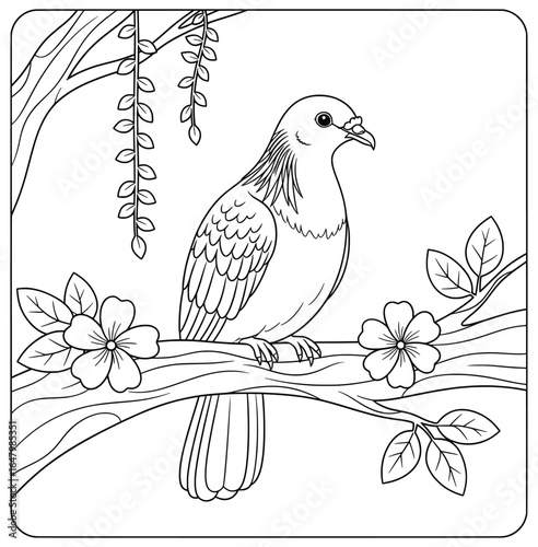 Beautiful cartoon-style pigeon perched on a tree branch decorated with flowers and leaves. Black and white line art illustration for kids’ coloring pages, printable artwork