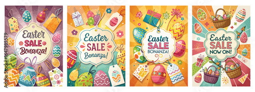 Colorful Easter sale posters featuring decorated eggs and festive gifts, perfect for holiday promotions.