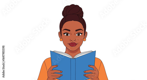 Illustration of woman reading book with orange shirt on