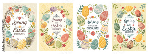 Colorful Easter egg designs celebrate spring with cheerful floral accents and discount promotions.