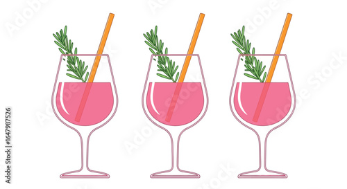 Pink cocktails with rosemary garnish and straw illustration