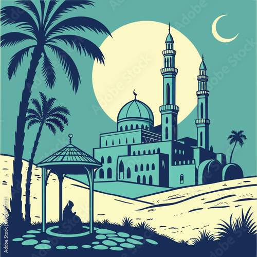Stylized desert mosque with palm trees and crescent moon at twilight Islamic architecture sand dunes