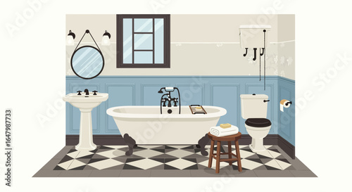 Vintage styled bathroom interior displaying classic fixtures and decor