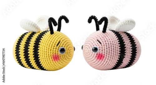 Two cute crochet bees, one yellow and one pink, isolated on transparent background