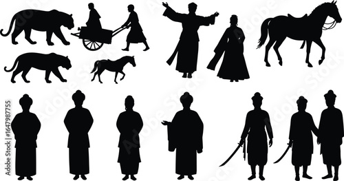 Ancient Asian Silhouettes Set, Historical Figures, Horse, Chariot, Tiger, Samurai Warriors, Traditional Clothing Vector Clipart Collection
