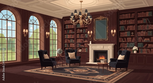 Opulent library interior with classic armchairs and abundant book collection