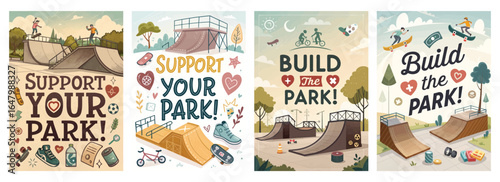 Colorful illustrations promoting community skatepark development with sports themes.