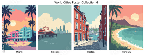 Miami , Chicago , Boston , Honolulu  ci Flat Vector Poster Collection