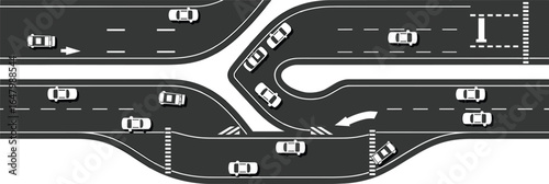 Fotografie Aerial view of complex road intersection with cars, traffic lanes, and turn mark
