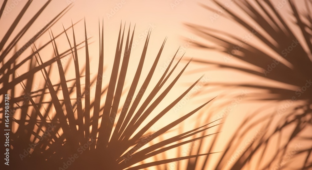 Obraz premium Closeup of palm leaves casting soft shadows in the warm, golden light of a sunset or sunrise, creating a serene and tropical atmosphere