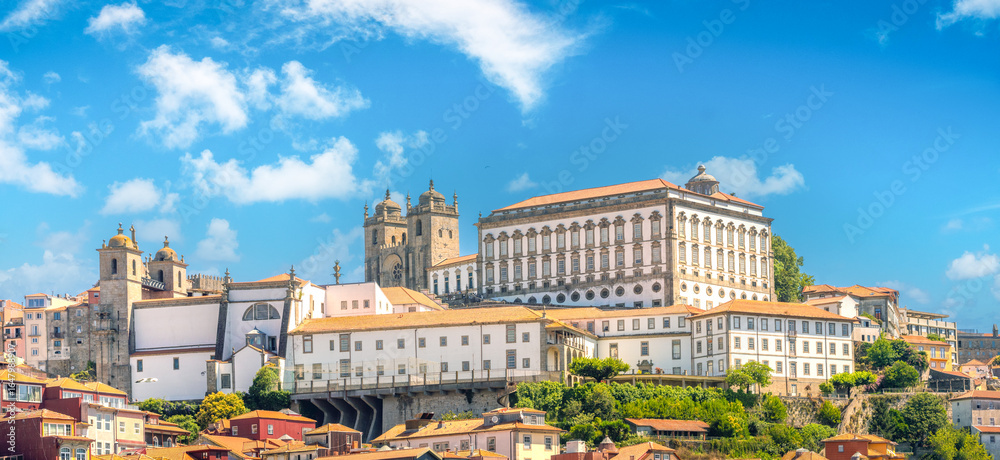 Fototapeta premium Stunning view hilltop area of the old city of Porto surrounding its medieval Cathedral. Porto (Oporto), Portugal
