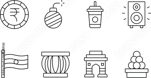 Collection of indian cultural and celebratory icons in a line art style