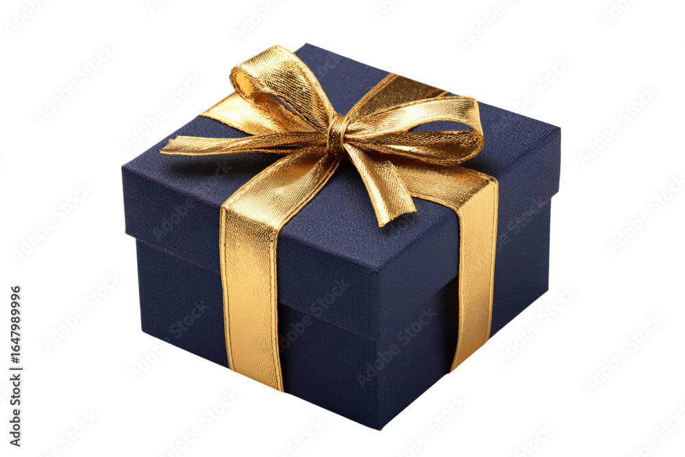 Obraz premium A dark blue gift box with a golden ribbon isolated on a transparent background in PNG format.