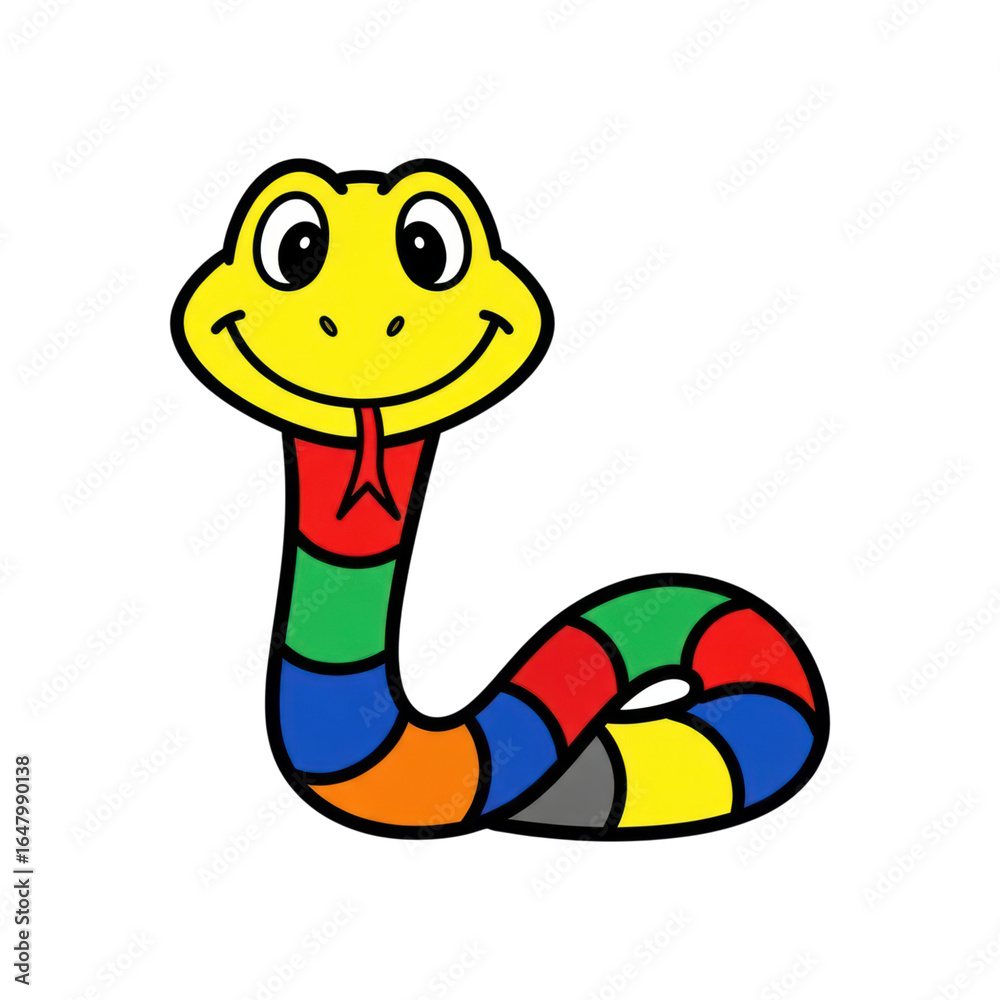 Fototapeta premium Colorful cartoon snake with friendly expression and multicolored segments