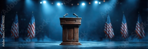 Podium setup with microphones in front of American flags at a political event in an indoor venue