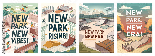 A vibrant illustration showcasing a new skateboard park with skaters enjoying the ramps and bowls.