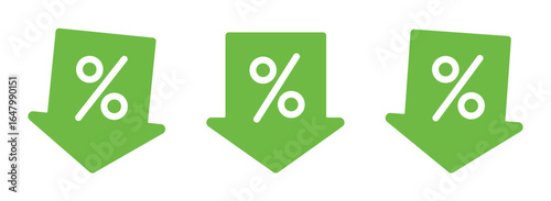 Three modern green downward-pointing arrow icons, each with a white percentage symbol, symbolizing sales, discounts, lower interest rates, or a financial reduction.