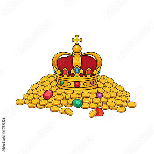 Gold Crown with golden Coins and Jewels Illustration in Cartoon Style fully editable customizable vector art for UI Apps Game Kids Books Finance Rewards Money