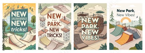 Colorful graphic design promoting a new skate park with diverse ramps and lively atmosphere.