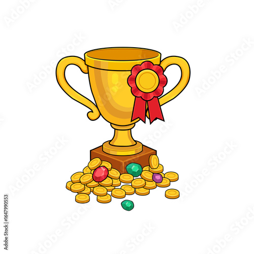 Golden trophy cup prize badge with Gold Coins and Jewels Illustration in Cartoon Style fully editable customizable vector art for UI Apps Game Kids Books Finance Rewards Money finance