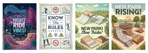 Vibrant illustrations promoting a new skate park with themes of excitement and community engagement.