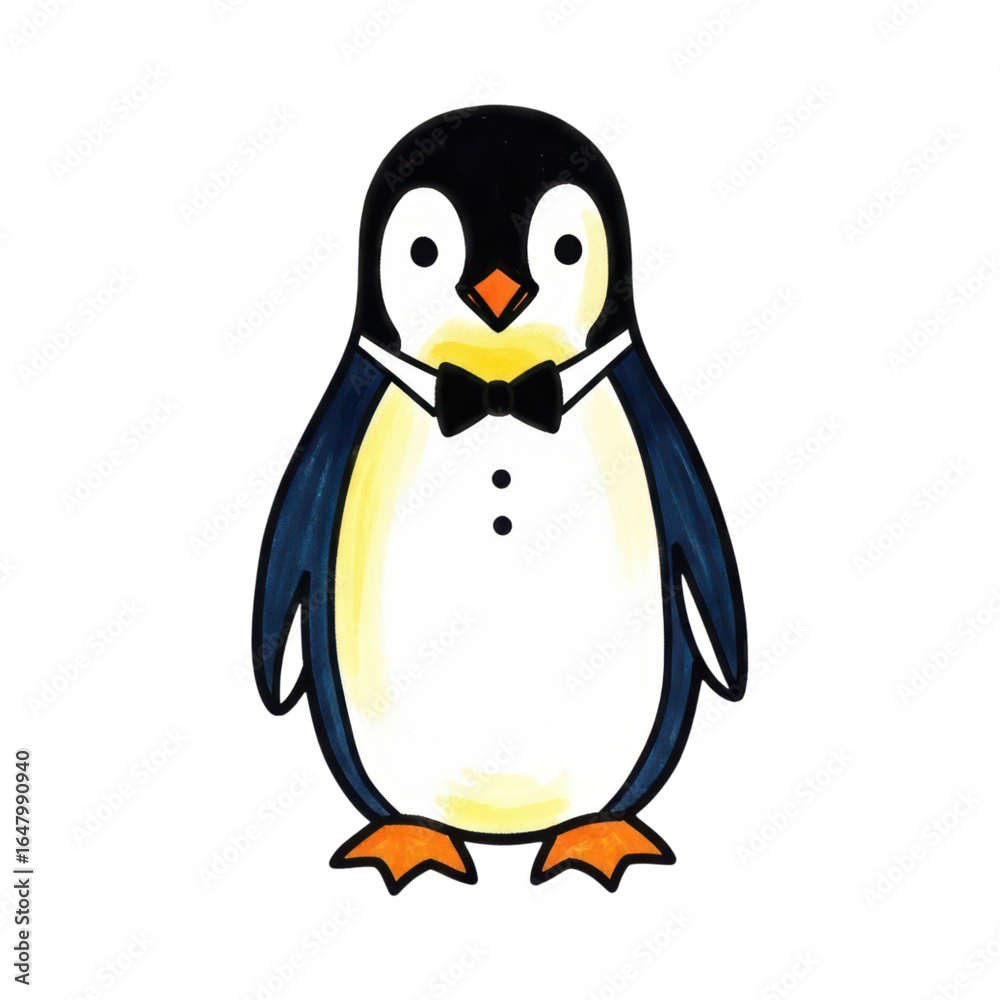 Fototapeta premium Cartoon penguin in bow tie standing upright with happy expression