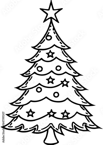 Simple black and white Christmas tree decorated with stars and ornaments.
