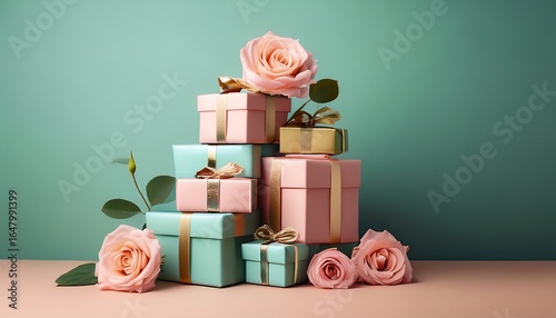 Stack of pastel gift boxes with gold typography and pink rose on soft tosca background, elegant and romantic composition perfect for wedding, birthday, anniversary, and luxury product display designs