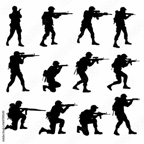 Soldiers in various combat stances, silhouettes.
