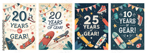 Four colorful anniversary posters celebrating various years of gear in skateboarding culture.