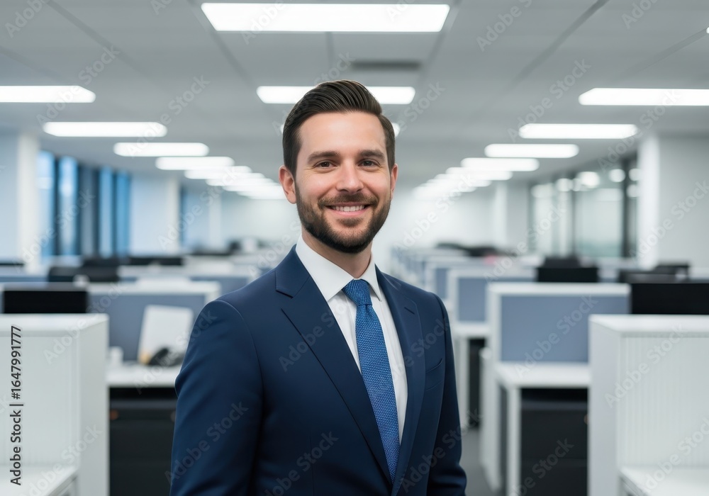 A smiling businessman in a suit and tie stands confidently in a modern office environment with rows of desks and computers A smiling businessman in a suit and tie stands confidently in a modern office environment with rows of desks and computers