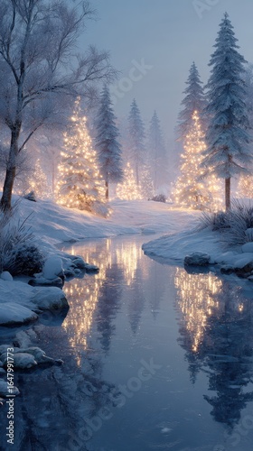 Winter wonderland with illuminated trees by a serene frozen stream at dusk during the festive season