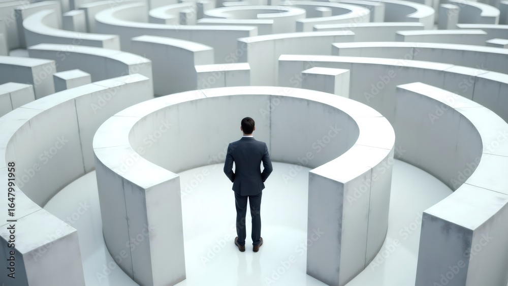Man in suit standing in the middle of a complex maze, contemplating solutions Man in suit standing in the middle of a complex maze, contemplating solutions