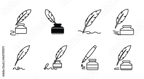 Set of Feather Quill Pens with Inkwell Icons in Black and White