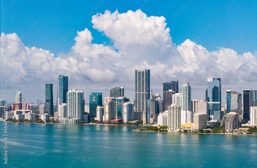 Fototapeta premium Aerial view of Brickell skyline in downtown Miami. Skyscrapers above Miami. Scenic panorama of Brickell financial district. Brickell in Miami city. Brickell Urban landscape with buildings cityscape.