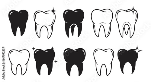 Dental Health Vector Illustration Showing Clean and Dirty Teeth in Black and White