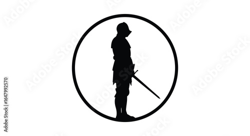 Silhouette of a Medieval Knight Standing with Sword Inside Oval Frame
