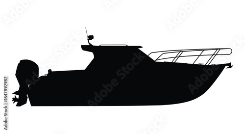 Silhouette of a Modern Fishing Boat with an Outboard Motor on White