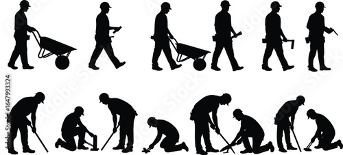 Construction Worker Silhouettes Set, Manual Labor, Industrial Tools, Wheelbarrow, Walking, Digging, Measuring, Working, Safety Helmet, Outdoor Jobs