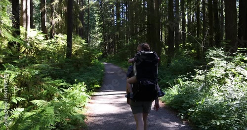 Parent Carrying Child in Backpack Hikes Through Lush Green Forest Path in British Columbia, Canada
