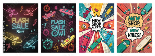Colorful promotional posters featuring skateboards, announcing a flash sale and a new shop opening.