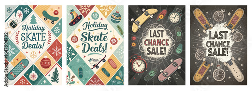 Colorful holiday skate deals posters featuring vintage skateboards and festive elements.