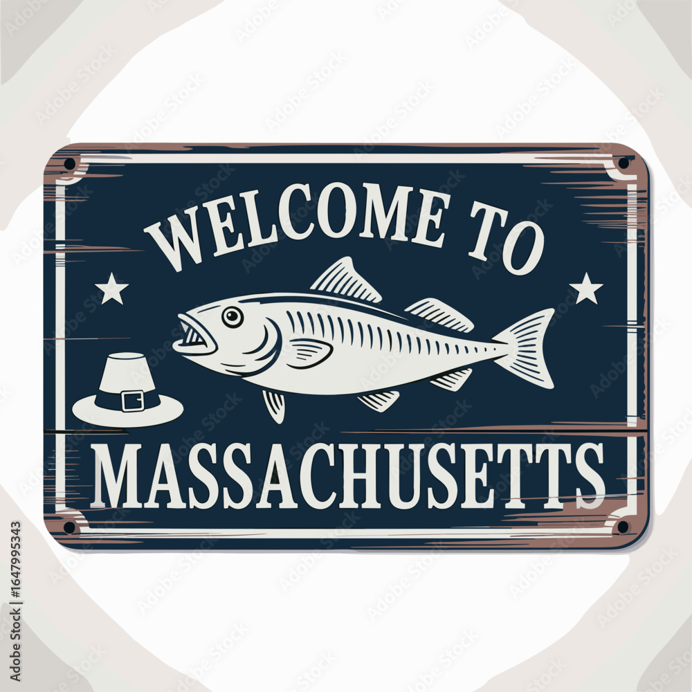 Fototapeta premium Classic Welcome to Massachusetts Sign with Codfish and Pilgrim Hat