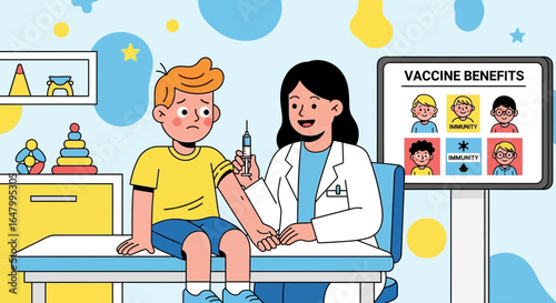 Illustration of a young boy receiving vaccination from a caring doctor, promoting vaccine benefits